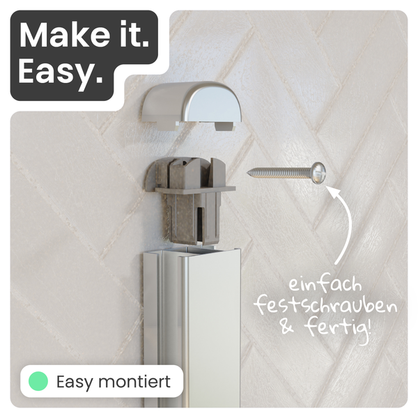 Montagezeichnung eines Metallprofils mit Kunststoffeinsatz, Schraube und Abdeckkappe an einer Fliesenwand, einfache Montage.