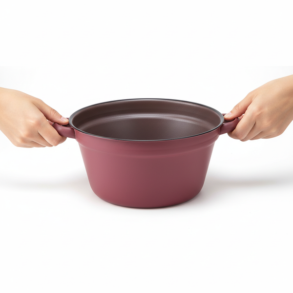 Roter runder Kochtopf mit Griffen und Antihaftbeschichtung, gehalten von zwei Händen.