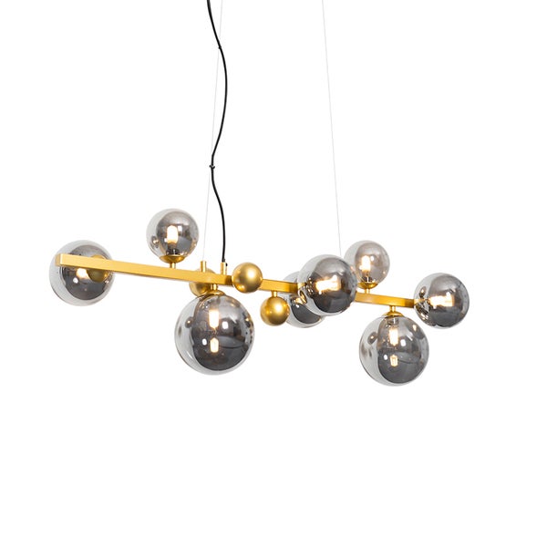 Moderne Hängeleuchte mit goldfarbenem Gestell und Rauchglas-Kugelschirme