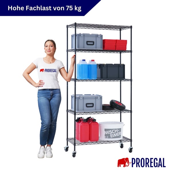 Schwarzes Gitterregal auf Rollen mit fünf Böden, Tragkraft 75 Kilogramm pro Boden. Beladen mit Boxen und Kanistern. Proregal Logo.