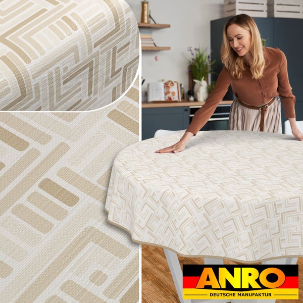 Runde Tischdecke mit geometrischem Muster und Anro Deutsche Manufaktur Logo.