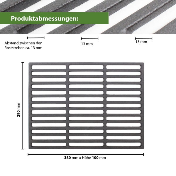 Rechteckiger gusseiserner Grillrost mit Maßangaben von 290 mal 380 Millimetern und einem Strebenabstand von 13 Millimetern.