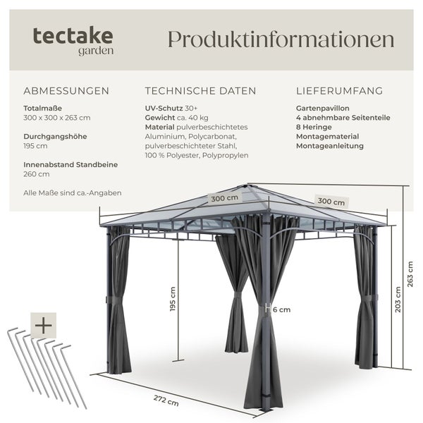 Tectake Logo und technische Zeichnung eines Gartenpavillons mit Maßangaben und Lieferumfang für die Gartenplanung.