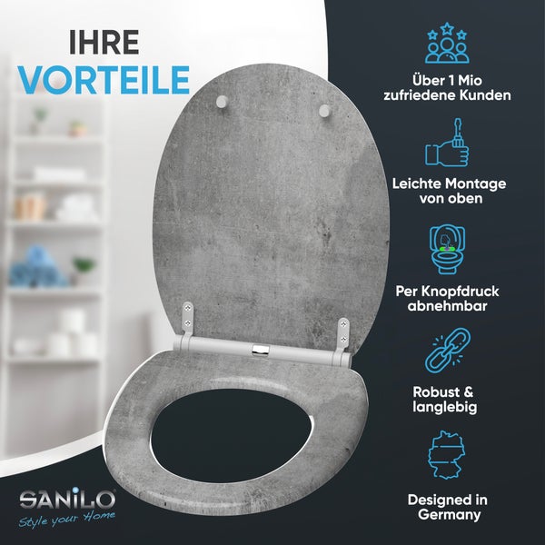 Sanilo WC-Sitz in Beton-Optik mit einfacher Montage von oben, abnehmbar per Knopfdruck und langlebig. Sanilo Logo.