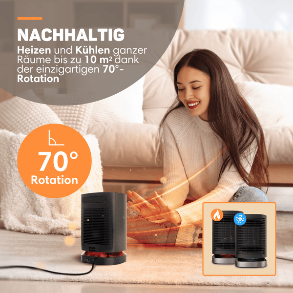Vulpes Goods Keramik Heizlüfter - Keramik Heizung - 950 Watt Heizung - Oszillation 70° - 3 Leistungsstufen - Elektrischer Heizlüfter - Heizlüfter - Schwarz