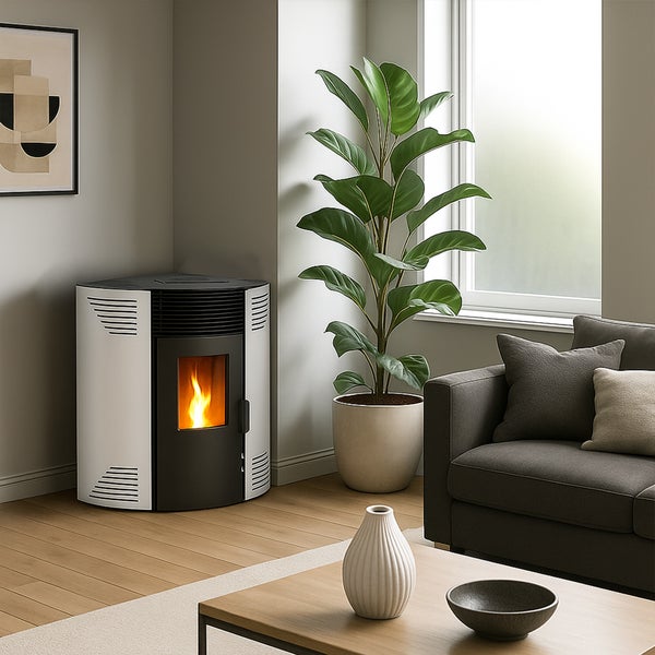 Moderner Pelletofen in einem hellen Wohnzimmer mit Holzboden, großer Zimmerpflanze und dunklem Sofa.