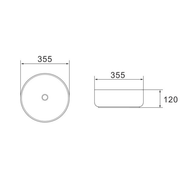 Technische Zeichnung eines runden Aufsatzwaschbeckens mit Maßangaben
