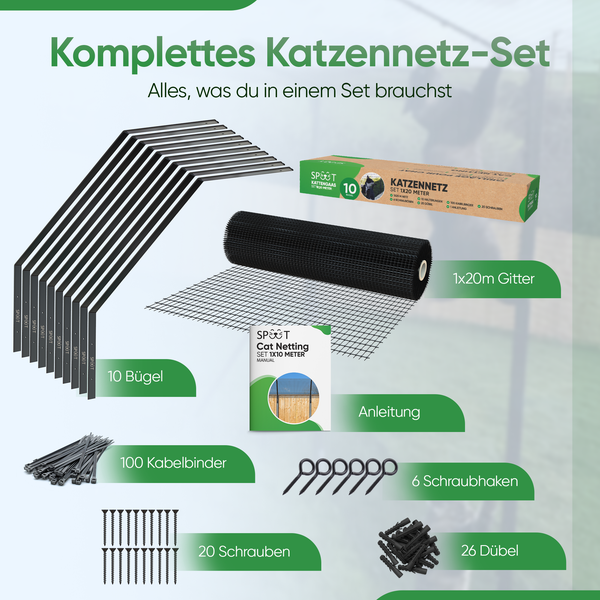 Komplettes Katzennetz-Set mit 10 Bügeln, 1x20 Meter Gitter, Anleitung, 100 Kabelbindern, 6 Schraubhaken, 20 Schrauben und 26 Dübeln.