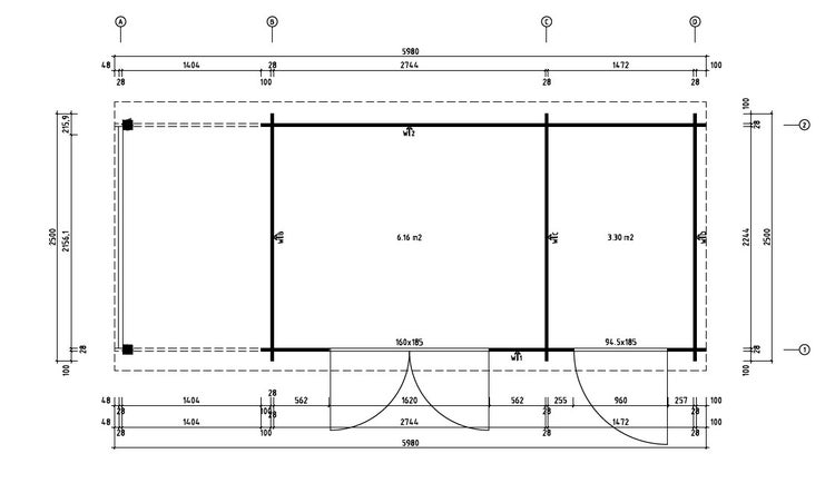 Technische Grundrisszeichnung eines Gartenhauses mit zwei Innenräumen und einer überdachten Terrasse inklusive Maßangaben.