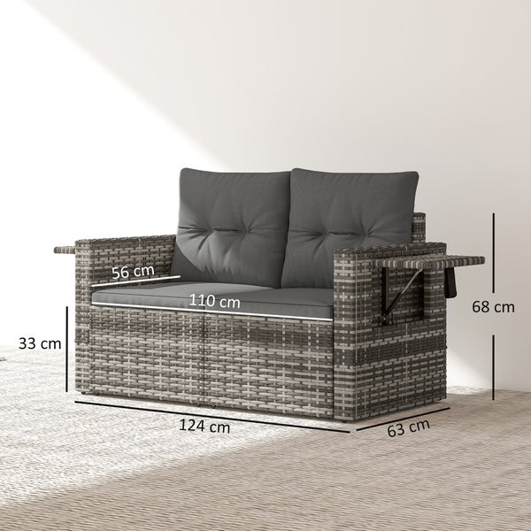 Zweisitzer Gartensofa aus Polyrattan mit Sitz- und Rückenkissen sowie klappbaren Ablagetischen, Maße circa 124 mal 63 mal 68 Zentimeter.