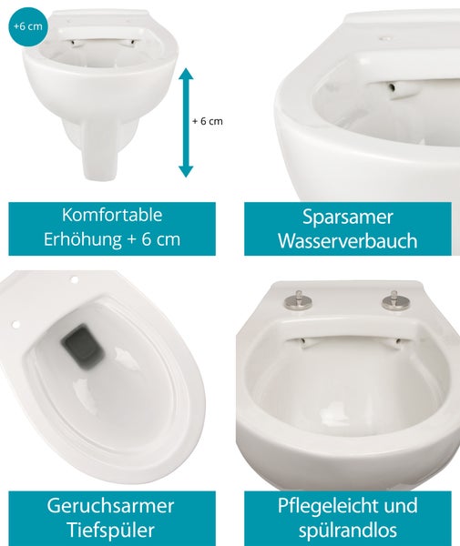 Calmwaters® Erhöhtes Wand WC spülrandlos Modern Plus mit Toilettendeckel, + 6 cm Erhöhung, inklusive abnehmbarem WC Sitz mit Absenkautomatik und Schnellbefestigung, Tiefspüler, Weiß, 08AB5815