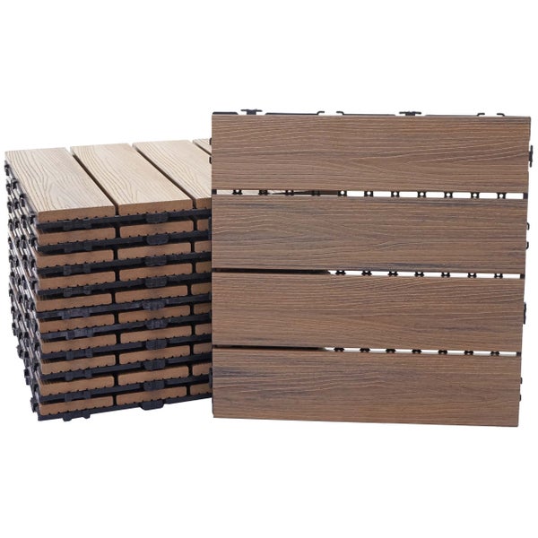 Stapelbare WPC-Terrassenfliesen mit Holzmaserung und Klicksystem.