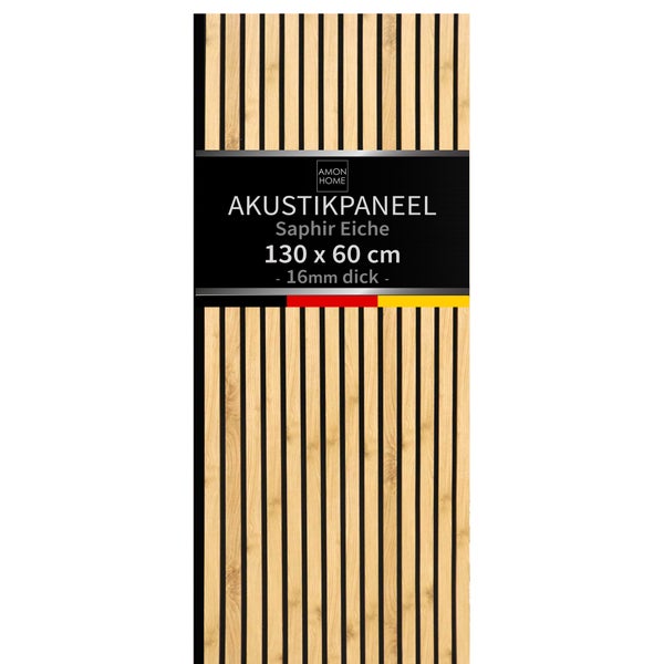 Amon Home Akustikpaneel Saphir Eiche 130 mal 60 Zentimeter und 16 Millimeter Dicke mit vertikalen Holzlamellen auf Filz.