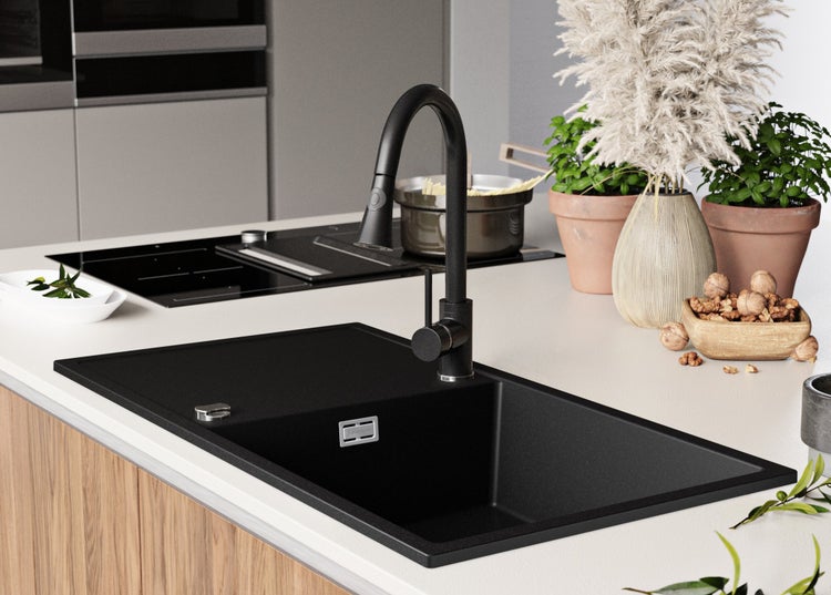 PRIMAGRAN Spülbecken Schwarz 90x50cm, Granitspüle 1 Becken + Ablauf-Set, Küchenspüle ab 60er Unterschrank - Ibiza
