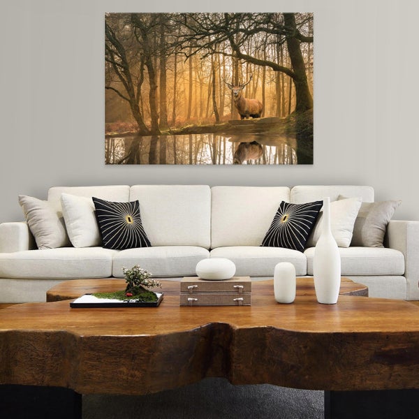Leinwandbild Hirsch Wald Modern Bilder Wohnzimmer 120X80 cm