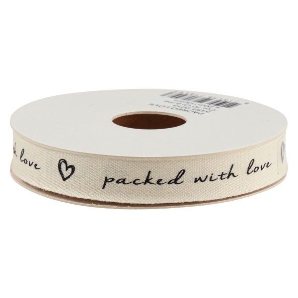 Dekorband auf Rolle mit dem Aufdruck 'packed with love' und Herzmotiven