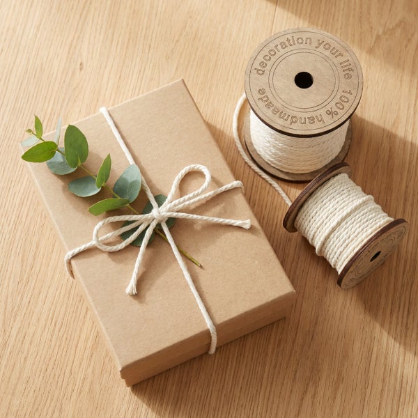 Geschenkverpackung mit braunem Papier eingewickelt verziert mit einem Zweig und Paketschnur neben zwei Holzspulen mit Baumwollkordel.
