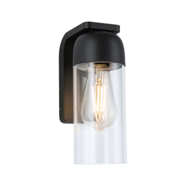 Moderne Außenwandleuchte aus schwarzem Metall mit klarem Glaszylinder und eingeschaltetem LED-Filament-Leuchtmittel.