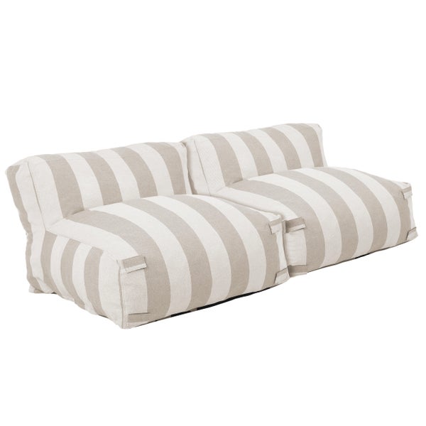 Gestreiftes Zweisitzer-Outdoor-Sofa aus Textil in Beige und Weiß.
