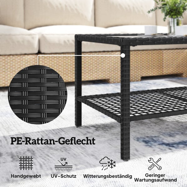 Couchtisch aus PE-Rattan-Geflecht mit Hinweisen zu Handarbeit, UV-Schutz, Witterungsbeständigkeit und geringem Wartungsaufwand.