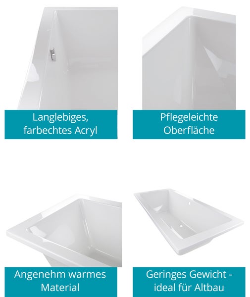 Calmwaters® Rechteck-Badewanne 190x90 cm, Acrylwanne Modern Square 2, Duo-Badewanne für zwei Personen, ergonomische Körperformbadewanne, Maße 190 x 90 cm, Rechteckbadewanne Weiß, 02SL3322