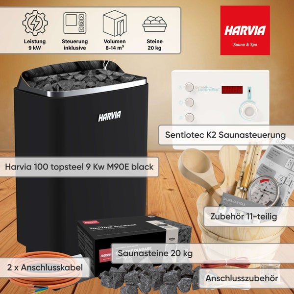 Harvia Saunaofen Set 9 kW mit Steuerung, 20 kg Saunasteinen, 11-teiligem Zubehör und Anschlusskabel.