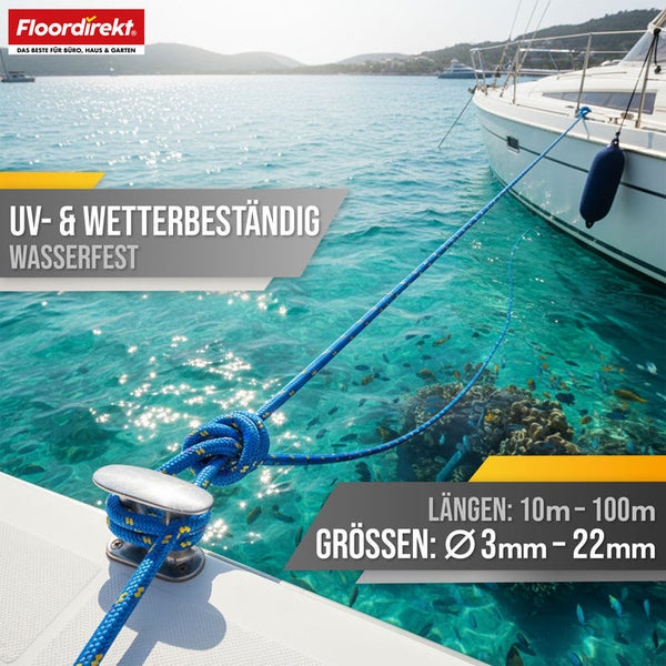 Blaues Seil auf einem Boot mit den Eigenschaften UV-beständig, wetterbeständig, wasserfest, Längen von 10 Meter bis 100 Meter und Größen von 3 Millimeter bis 22 Millimeter