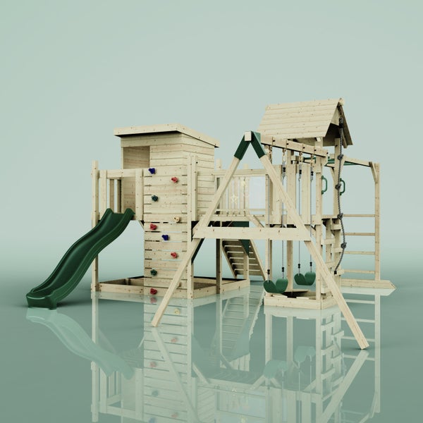 Holzspielplatz mit Rutsche, Schaukeln und Kletterwand
