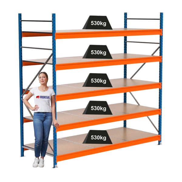 Lagerregal mit fünf Regalböden und einer Traglast von 530 Kilogramm pro Ebene