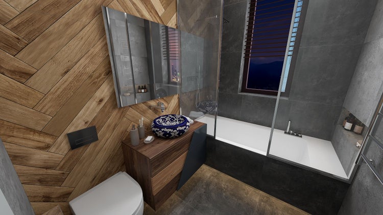 Badezimmer mit Badewanne, Waschtisch, Spiegel und Toilette