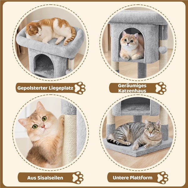 Katzebaum mit gepolstertem Liegeplatz, geräumigem Katzenhaus, Sisalseilen und unterer Plattform