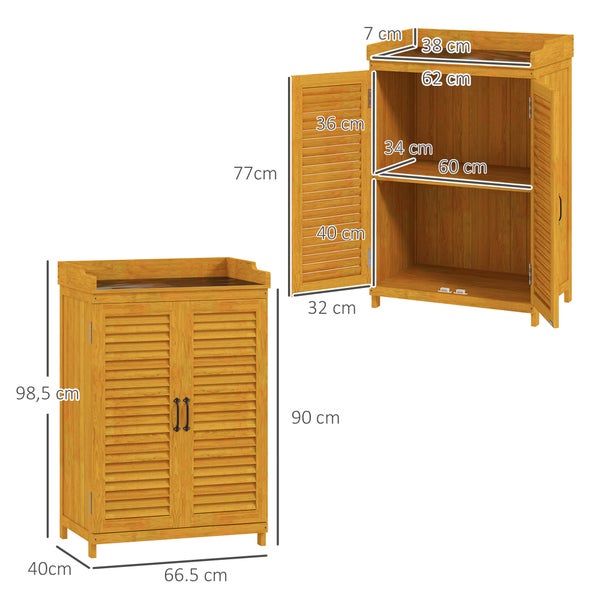 Outsunny Gartenschrank Holz, Geräteschuppen mit Arbeitsfläche, wetterfest Geräteschrank, 65,5x40x98,5cm, Gerätehaus mit Lamellentür, Ablagen, Werkzeugschrank Gartenschuppen für Garten, Terrasse, Gelb
