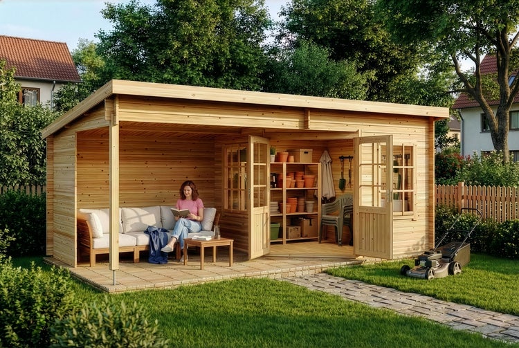 Großes Gartenhaus aus Holz mit offenem Lounge-Bereich und integriertem Geräteraum in einem hellen Garten.