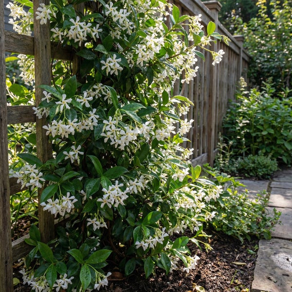 Sternjasmin mit weißen Blüten klettert an einem Holzspalier vor einem Holzzaun in einem Garten mit Steinpfad.