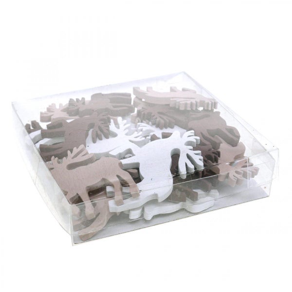 Dekorative Holzfiguren Elch und Schneeflocke im transparenten Kunststoffbehälter