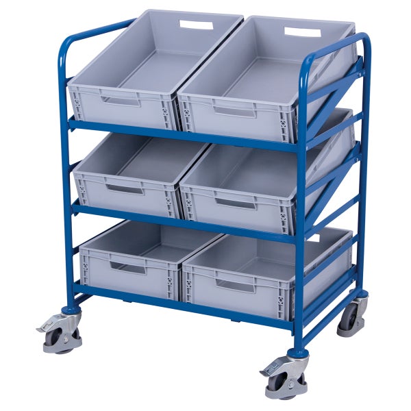 Rollwagen mit sechs Lagerkisten aus Kunststoff