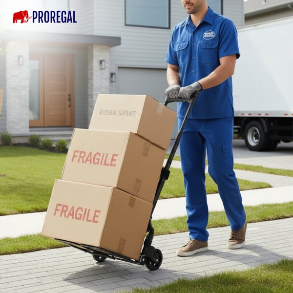 Proregal Logo. Ein Lieferant schiebt eine Sackkarre mit drei gestapelten Umzugskartons auf einem gepflasterten Gehweg vor einem Wohnhaus.