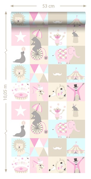 Tapetenrolle mit Zirkusmotiven, 53 cm breit und 10,05 m lang