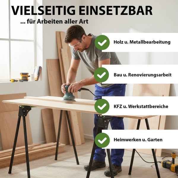 Handwerker schleift Holzplatte mit Exzenterschleifer. Vielseitig für Holz, Metall, Bau, Renovierung, Fahrzeuge, Werkstatt, Heimwerken und Garten.