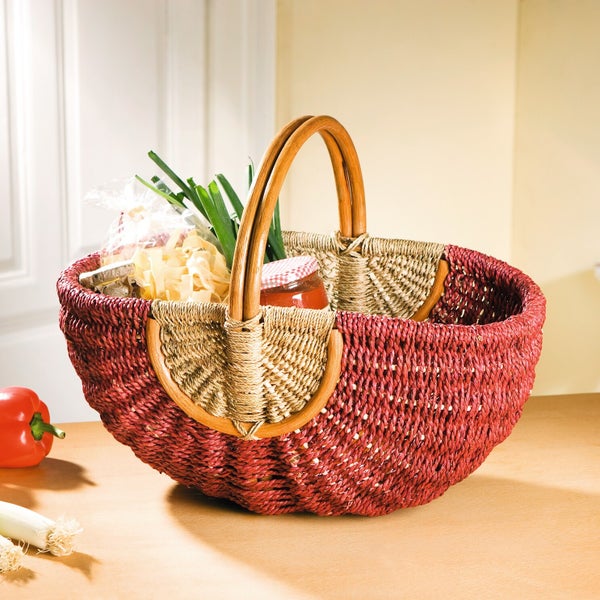 FRANK FLECHTWAREN | Einkaufskorb Rot/Natur, RATTAN, 49 x 34 x 24 cm, GH 38 cm