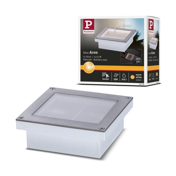 Quadratische Paulmann Solar-Bodenleuchte Aron aus Edelstahl mit integriertem Bewegungssensor inklusive Produktverpackung.