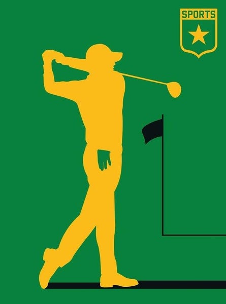 Grafik eines Golfspielers beim Abschlag mit Golfschläger und Flagge sowie Sports Logo.