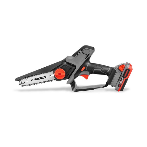 Fuxtec 20 Volt Akku Einhand-Kettensäge mit 6 Zoll Schwertlänge und Handschutz.