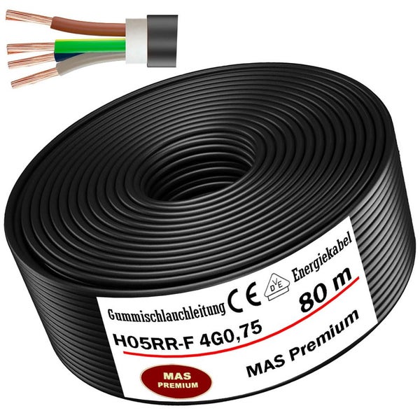 Gummischlauchleitung MAS Premium H05RR-F 4G0,75 Energiekabel, 80 Meter Rolle, VDE Zertifizierung und CE Kennzeichnung.