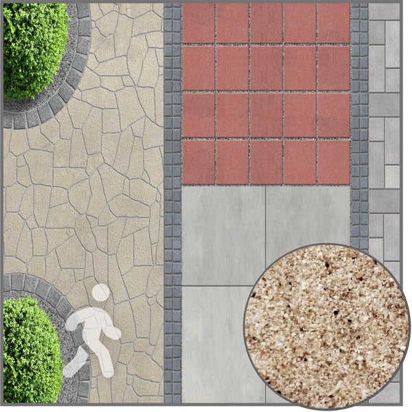 Draufsicht auf begehbaren Gartenweg mit verschiedenen Pflastersteinen, Terrassenplatten und einer Detailansicht von beigem Pflasterfugenmörtel.