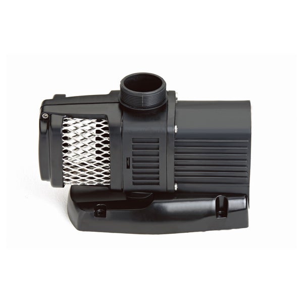 Teichpumpe aus Kunststoff mit Metallgitterfilter und obenliegendem Gewindeanschluss.