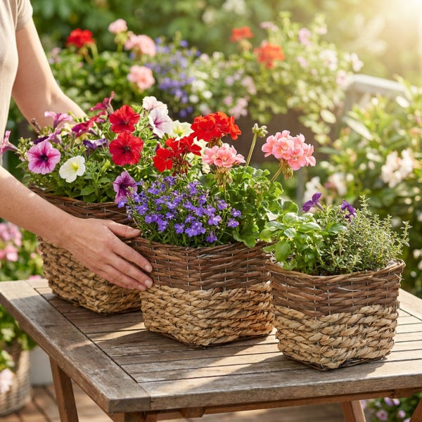 Drei geflochtene Pflanzkörbe aus Weide mit verschiedenen Sommerblumen und Kräutern stehen auf einem Holztisch in einem sonnigen Garten.