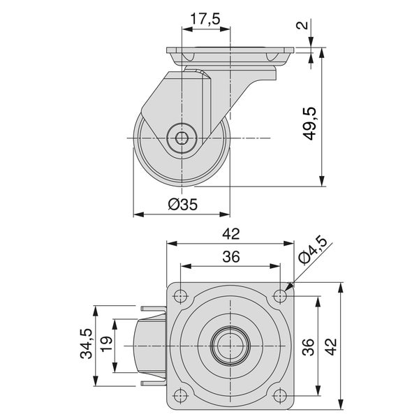 Technische Zeichnung einer Lenkrolle mit Maßen: Höhe 49,5 mm, Raddurchmesser 35 mm und Anschraubplatte 42 mal 42 mm.