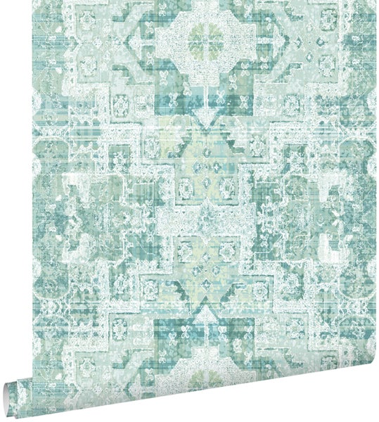 ESTAhome Tapete orientalisches Kelim-Patchwork Pastell Mintgrün - 53 cm x 10.05 m - 148658