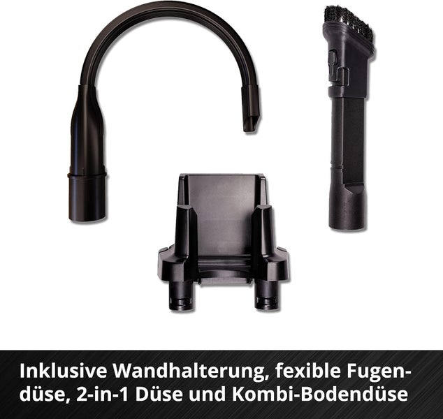 Staubsaugerzubehörset bestehend aus einer flexiblen Fugendüse, einer 2-in-1 Düse mit Bürste und einer Wandhalterung aus schwarzem Kunststoff.